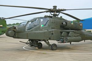 Front side view of Boeing AH-64D Apache with tailnumber Q-25 of the Royal Netherlands Air Force (RNLAF) at Soesterberg AB on September 17, 2008. The marks of the ISAF-stickers of Q-25's deployment to Afghanistan to take part in the NATO International Security Assistance Force (ISAF) are still visible.